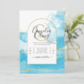 LeahG Turquoise Gold Aqua Blue Wedding INVITE Einladung (Stehend Vorderseite)