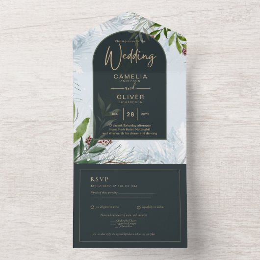LeahG Winter Wedding Aqua Blue Green INVITE All In One Einladung (Innen Boden)