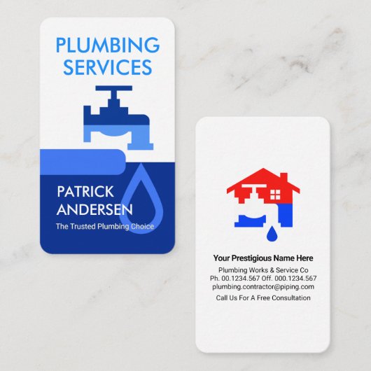 Leaking Faucet Blue Plumbing Tab Layers Visitenkarte (Vorne/Hinten)