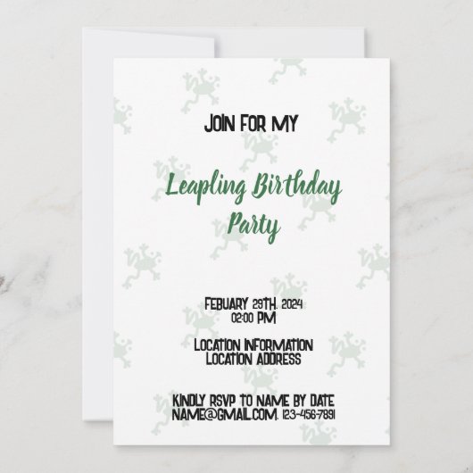 Leap Birthday 29. Febuary Leaper Moderner Frosch Einladung (Rückseite)