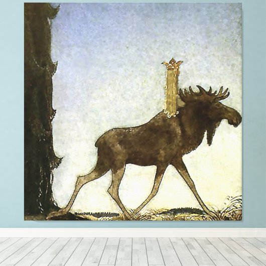 "Leap the Elk" Wasserfarbe von John Bauer Leinwanddruck (Insitu (Holzboden))