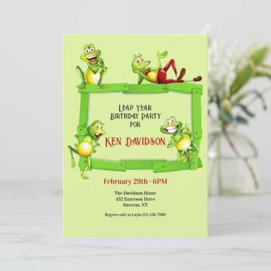 Leap Year Frosch Birthday Einladung (Stehend Vorderseite)