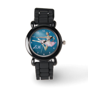 Leaping Ballerina auf blau, Monogramm Armbanduhr