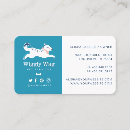 Leaping Dog Floral Botanical Blue Pet Services Visitenkarte (Vorderseite)