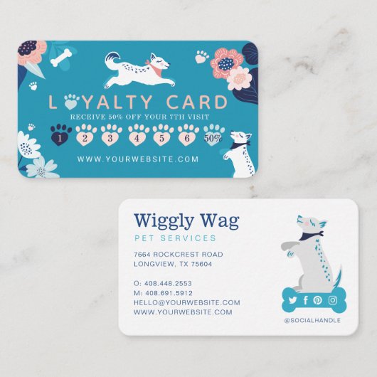 Leaping Hund Blumengebäck Pflege & Pflege blauer T Visitenkarte (Vorne/Hinten)