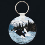 Leaping Orca Schlüsselanhänger<br><div class="desc">Two leaping killer whales before the untouched wilderness of the British Columbia coast. Originally in watercolor.</div>
