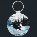 Leaping Orca Schlüsselanhänger<br><div class="desc">Two leaping killer whales before the untouched wilderness of the British Columbia coast. Originally in watercolor.</div>