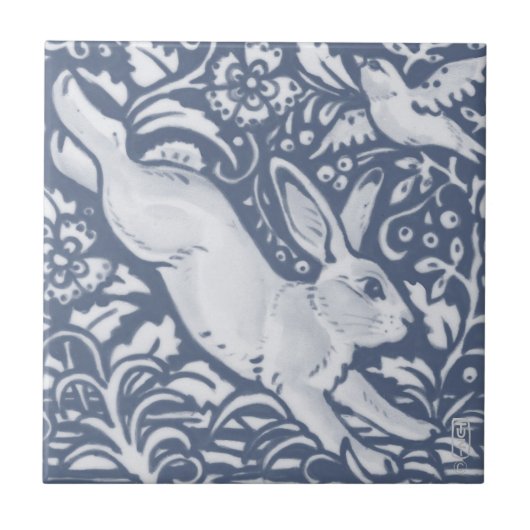 Leaping Rabbit Blue White Botanical Dedham Delft Fliese (Vorderseite)