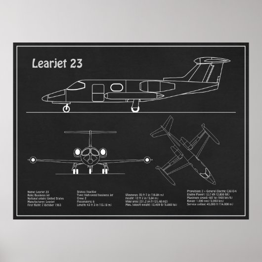 Learjet 23 - Flugzeugkonzept Zeichnend Pläne PD Poster (Vorne)