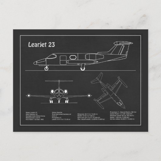 Learjet 23 - Flugzeugkonzept Zeichnend Pläne PD Postkarte (Vorderseite)