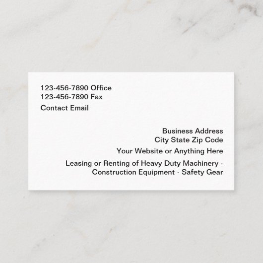 Leasing und Vermietung von Baumaschinen Visitenkarte (Rückseite)