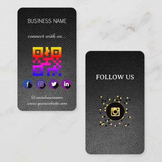 Leather black - Social Media QR Code Business Card Visitenkarte (Vorne/Hinten)
