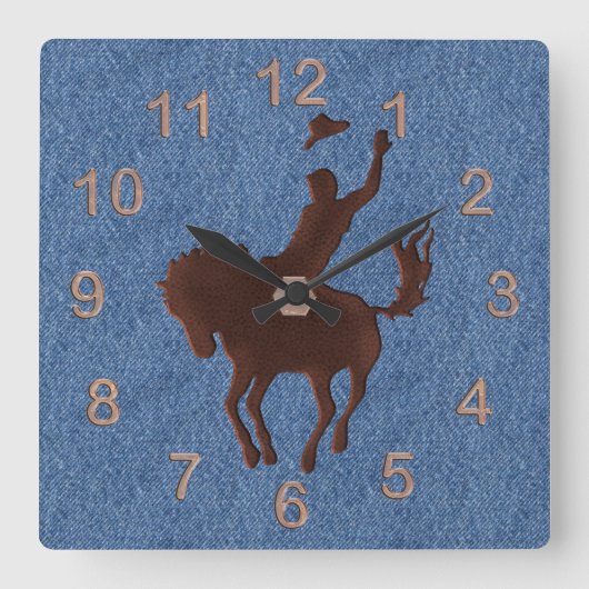 Leather Cowboy und Pferd auf Denim Quadratische Wanduhr (Vorderseite)