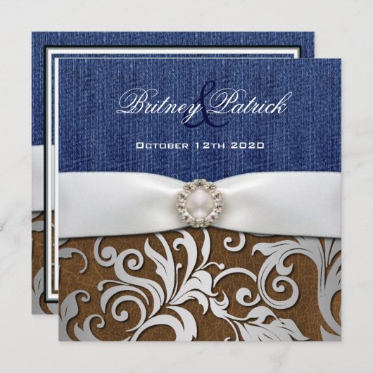 Leather & Denim Damask Western Hochzeit Einladunge Einladung (Vorne/Hinten)