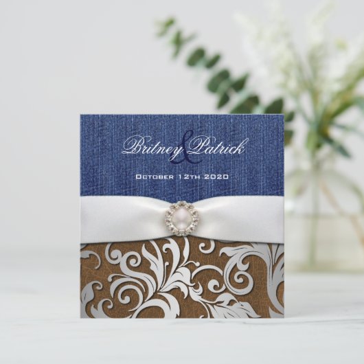 Leather & Denim Damask Western Hochzeit Einladunge Einladung (Stehend Vorderseite)