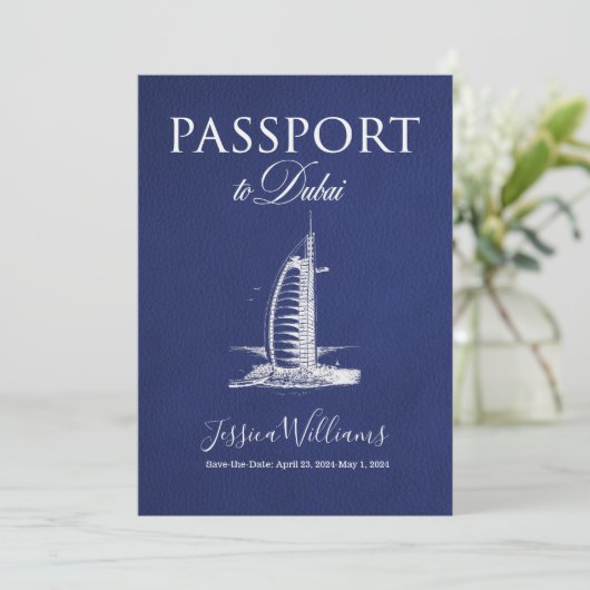 Leather Dubai Passport Save the Date Einladung (Stehend Vorderseite)
