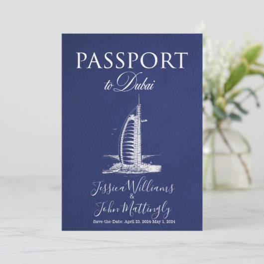 Leather Dubai Passport Wedding Save the Date Einladung (Stehend Vorderseite)