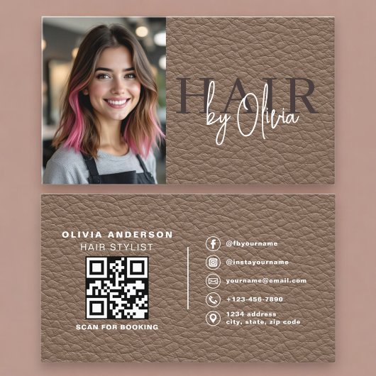 Leather Hair Stylist Photo QR Code  Visitenkarte
