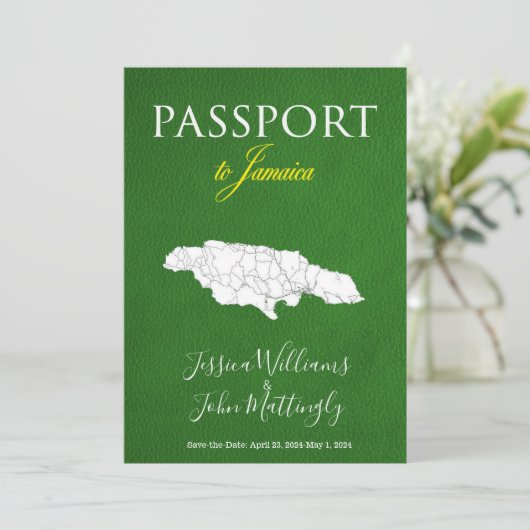 Leather Jamaica Passport Wedding Save the Date Einladung (Stehend Vorderseite)