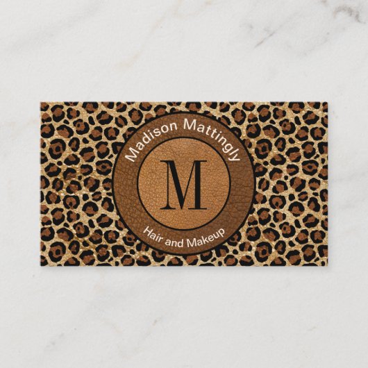 Leather Leopard Vintag Modern Boho Chic Monogram Visitenkarte (Vorderseite)