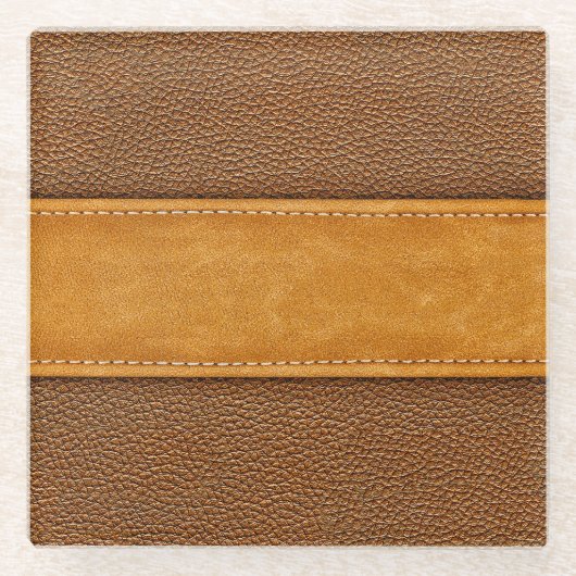 Leather Luxe: Stitched Brown Elegance Glasuntersetzer (Vorderseite)