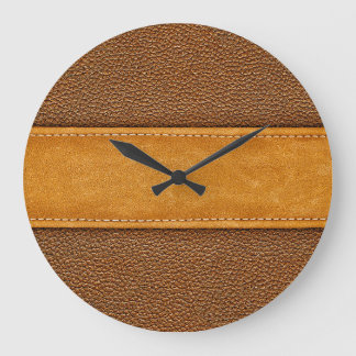 Leather Luxe: Stitched Brown Elegance Große Wanduhr