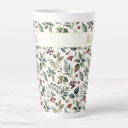 Leaves and Berries Rustic Winter Personalized Milchtasse (Vorderseite)
