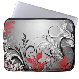 Leaves and Swirls Red Black White Electronics Bag Laptopschutzhülle