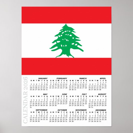 Lebanon 2026 Calendar, Large, Lebanese Flag Poster (Vorne)