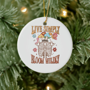 Lebe einfach, blühe wild – Skelett & Pilze Keramik Ornament