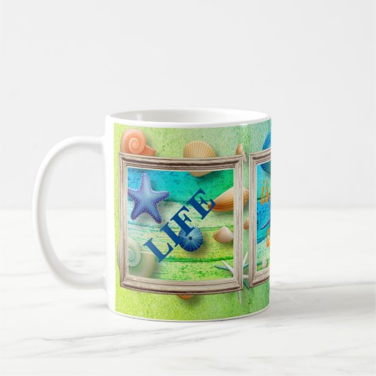 Leben am Strand Sand Seashells Rustikale Rahmen Kaffeetasse (Links)