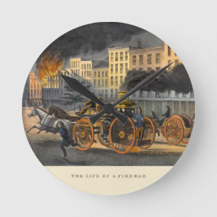 Leben eines Feuerwehrmanns Vintage-Lithographie au Runde Wanduhr