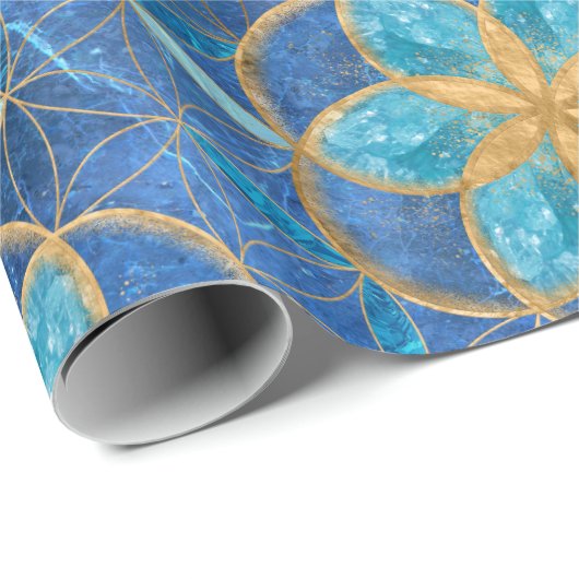 Leben in Blume des Lebensmusters - Blues Geschenkpapier (Rolleneckpunkt)