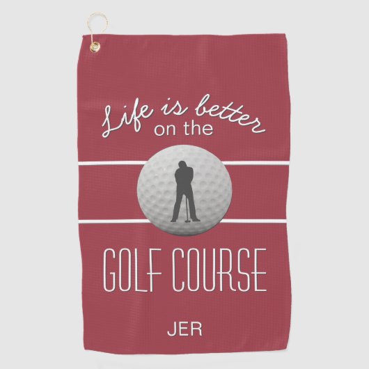 Leben ist besser Golfquote Initialen Crimson Red Golfhandtuch (Vorderseite)