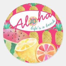 Leben Sie am Strand! Fun Tropical Fruit Mit Monogr Runder Aufkleber