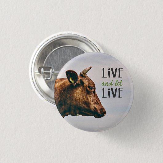 "Lebend und gelassen" mit brauner Kuh vegan Button (Vorne & Hinten)