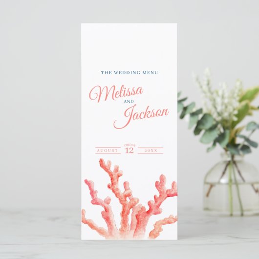 Lebende Korallen Aquarell Hochzeitsmenü Blau Orang Menükarte (Stehend Vorderseite)