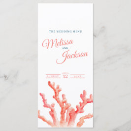 Lebende Korallen Aquarell Hochzeitsmenü Blau Orang Menükarte