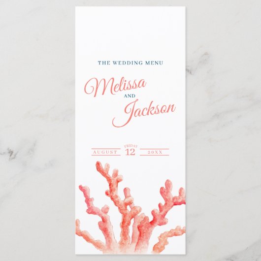 Lebende Korallen Aquarell Hochzeitsmenü Blau Orang Menükarte (Vorderseite)