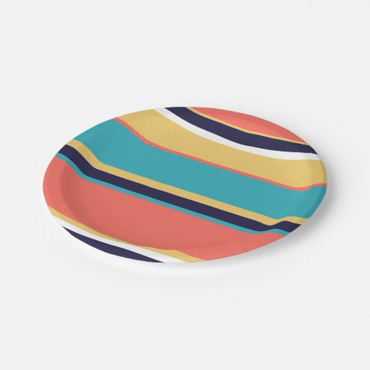 Lebende Korallen, blaue und gelbe Streifen Pappteller (Schrägansicht)