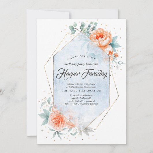 Lebende Korallen und trostige blaue Flora Moderne  Einladung (Vorderseite)