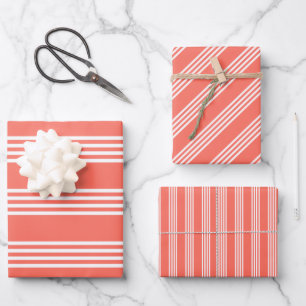 Lebende Korallen und weiße vier Streifen Muster Geschenkpapier Set
