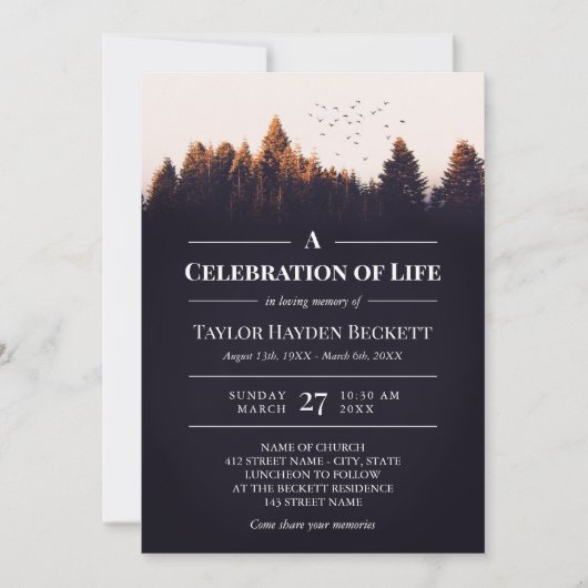 Lebende Vögel über Wäldern Einladung (Vorderseite)