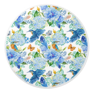 Lebende Vögel und Blaue Hydrangeen Keramikknauf