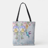 Lebende Vögel und violette Blumen Tasche (Rückseite)