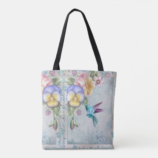 Lebende Vögel und violette Blumen Tasche (Rückseite)