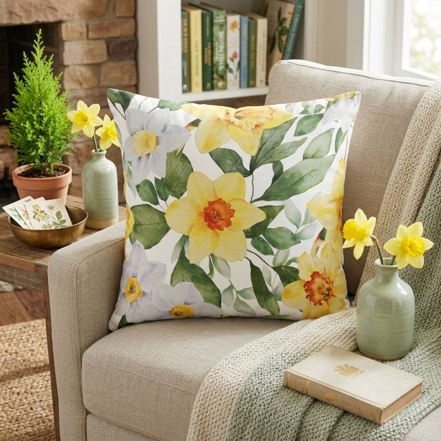 Lebendes Gelb und Weiß Kissen (Vibrant Yellow and White Daffodil Floral Throw Pillow)