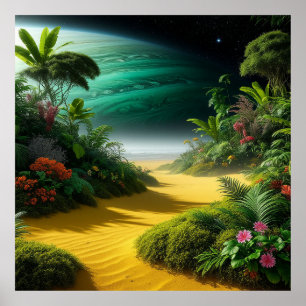Lebendige Alien-Landschaft mit üppiger Vegetation Poster