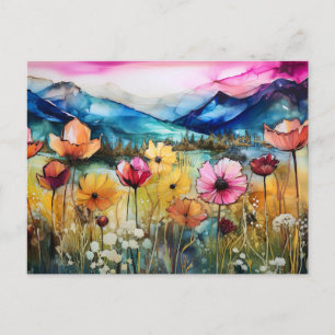 Lebendige Aquarell-Berg-Wildblumen-Postkarte Postkarte
