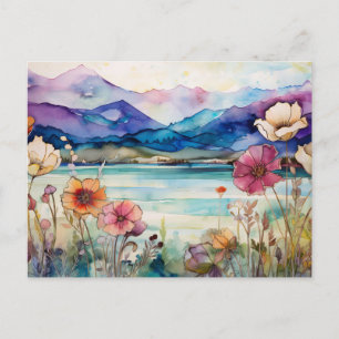 Lebendige Aquarell-Berg-Wildblumen-Postkarte Postkarte